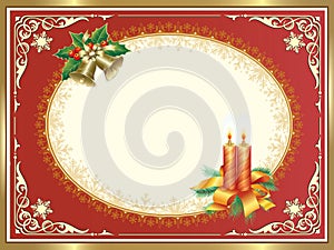 Happy Christmas and Happy New Year 2020. Greeting Christmas card with candles and bells background snowflakes beige oval. Vector d